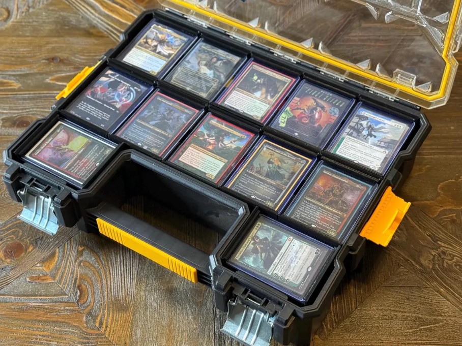 3D printed TCG deck boxes and organizers in Dewalt Stanley toolbox